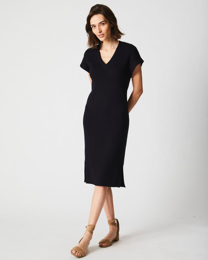 V-Neck Rib Dress in Black