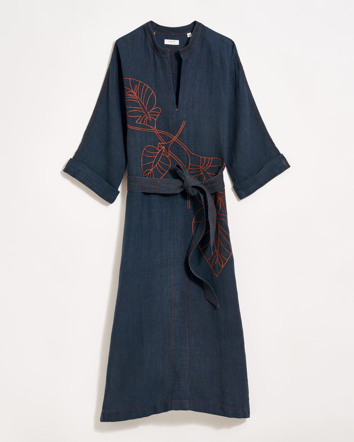 Embroidered Maxi Tunic Dress in Indigo Blue