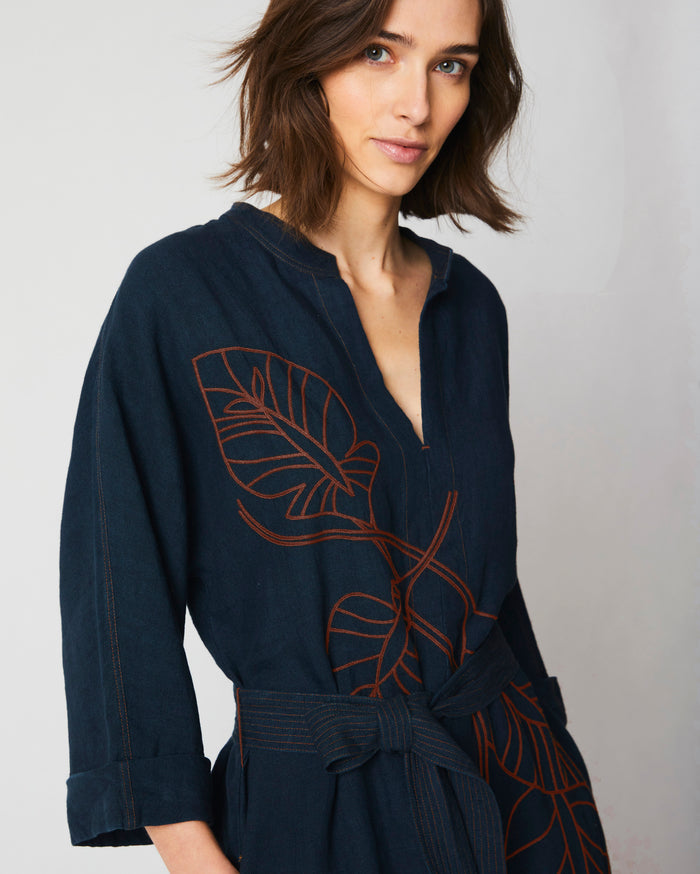 Embroidered Maxi Tunic Dress in Indigo Blue