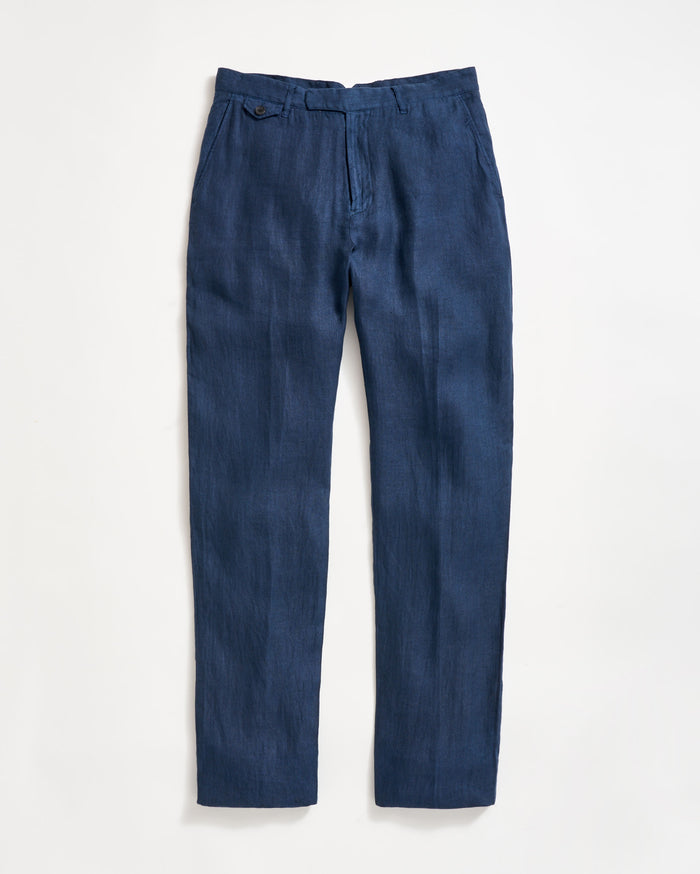 Garment Dyed Linen Flat Front Trouser in Carbon Blue