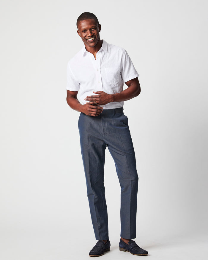 Micro Seersucker Flat Front Trouser in Navy